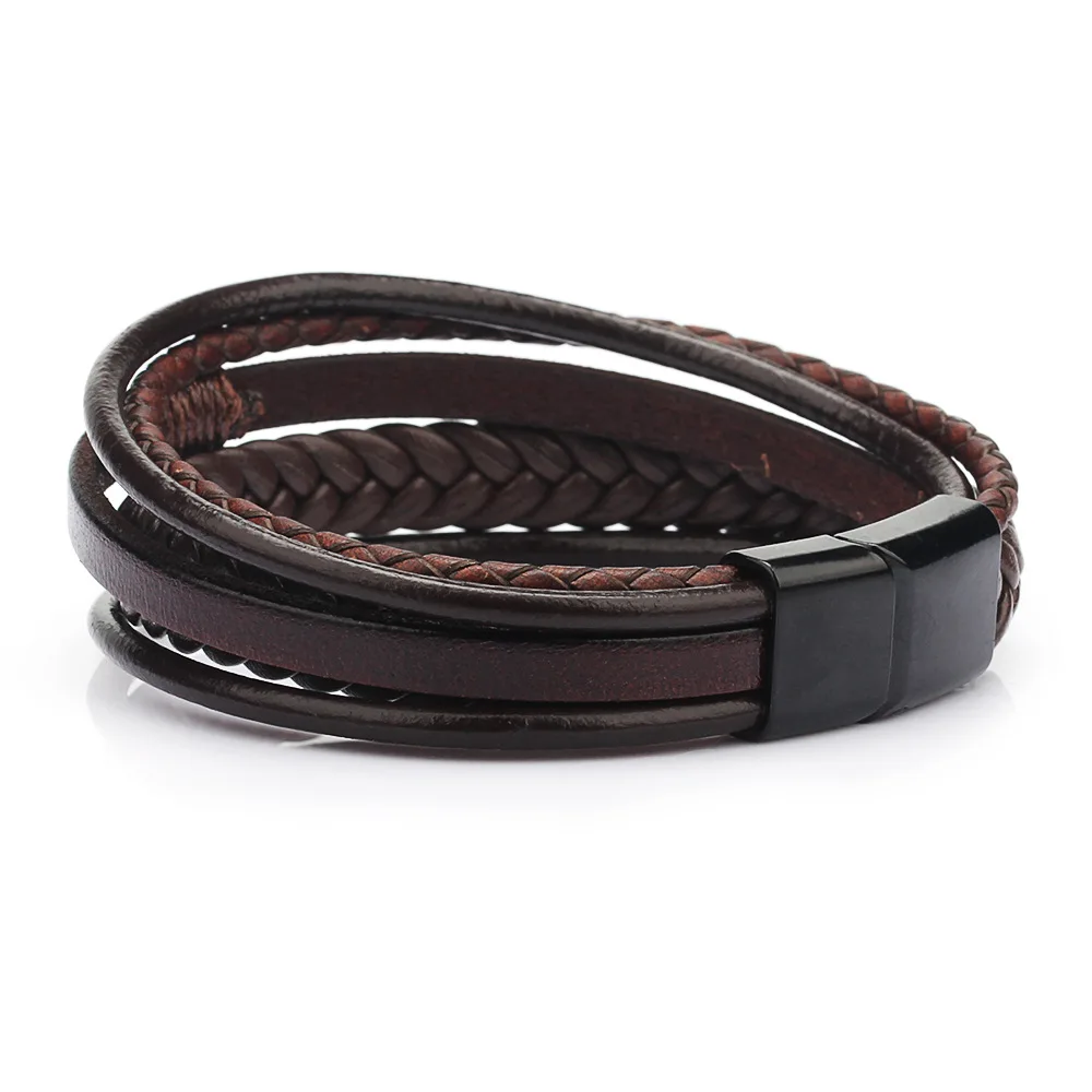 Wholesale Multilayer Leather Rope Wrap Hand Weaving Bracelet Braided Magnetic Buckle Stainless Steel Bracelets for Men Jewelry