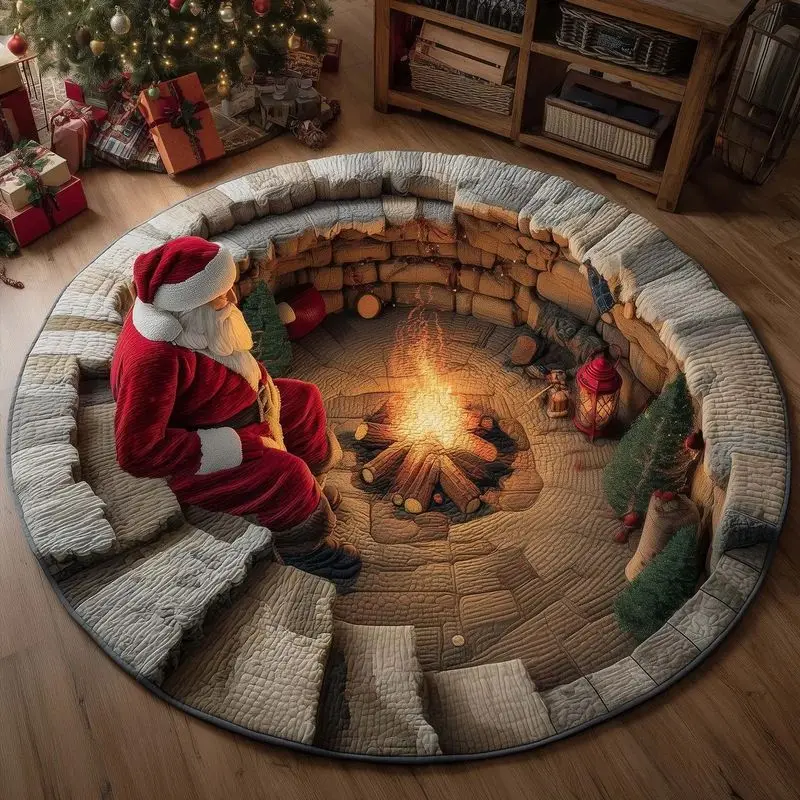 VIKAMA Christmas Circle Rug Patchwork Gnome Red Hat 3D Vortex Print Soft Non Slip For Living Room Bedroom Dining Decor