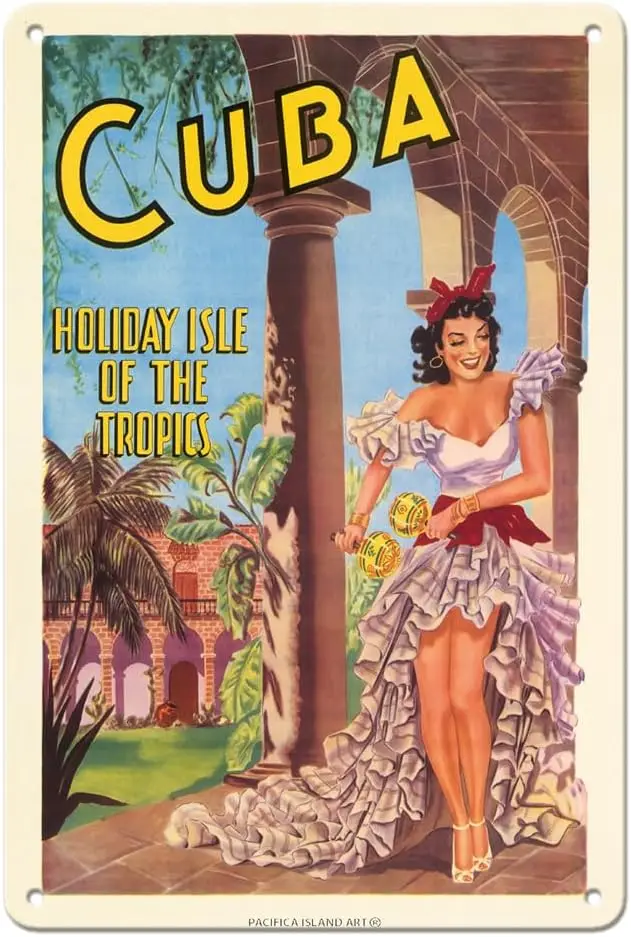 Pacifica Island Art Cuba - Holiday Isle of the Tropics - Cuban Dancer with Maracas - Travel Poster 1949-  Metal Tin Sign