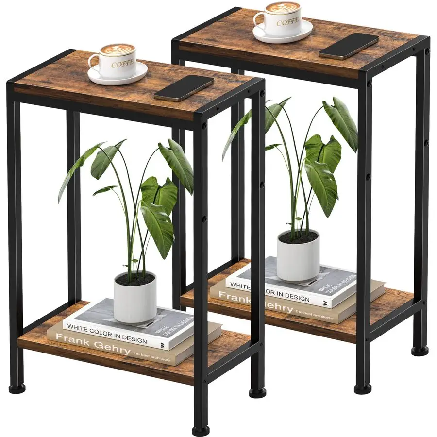 

Side Table for Small Space Set of 2, 2Tier Small End Table with Shelf Holder, Slim Nightstand, Skinny Snack Couch Table in Livi