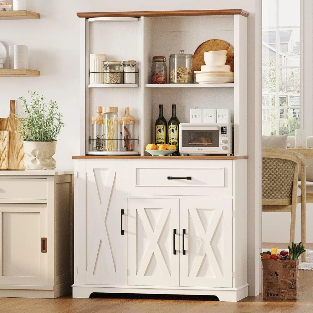 

Farmhouse Kitchen Pantry Cabinet with Charging Station, Kitchen Hutch Storage Cabinet with Microwave Stand and Rotating R