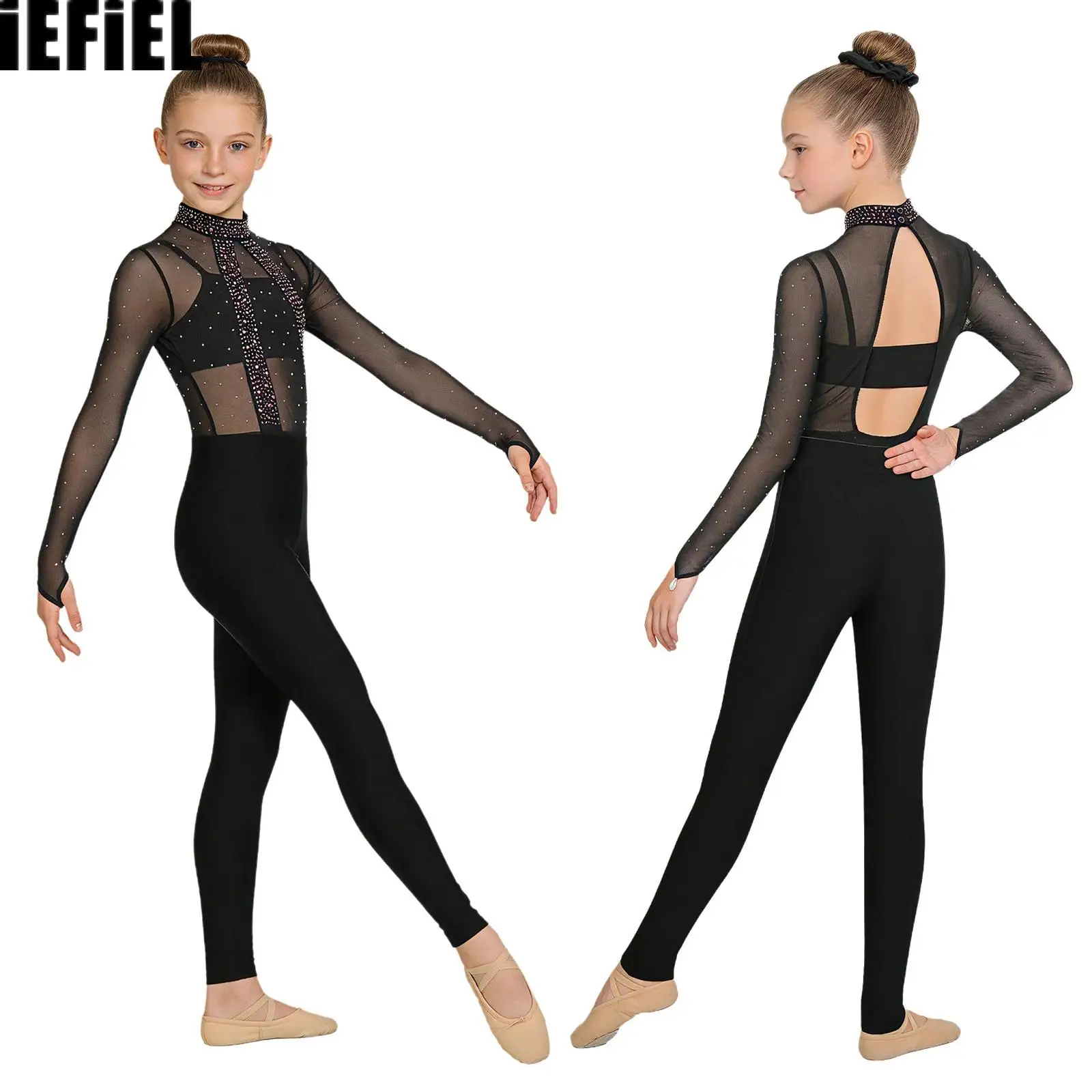 

Kids Girls Mesh Patchwork Dance Outfits Shiny Rhinestones Sheer Bodice Leotard with Straps Camisole Leggings And Hairband