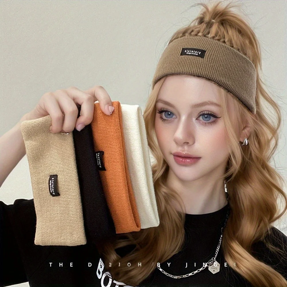 Knit Fabric‑Label Sports Headband, Wide Elastic Hair Band, Vintage Casual Headwrap for Face Washing & Makeup