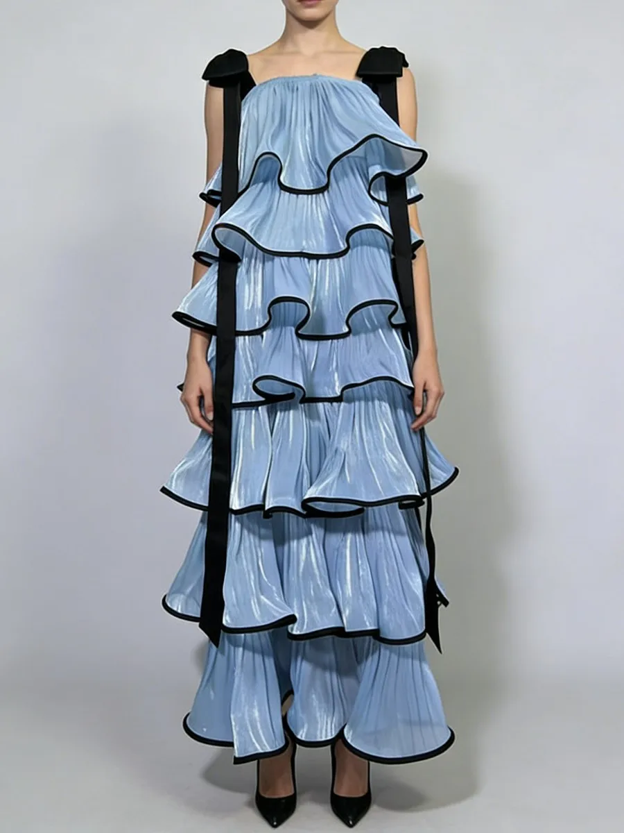 Vestidos longos de cetim com babados em camadas, mulheres, verão, pescoço quadrado, sem mangas, moda, alça com laço, roupões femininos, elegante, vintage