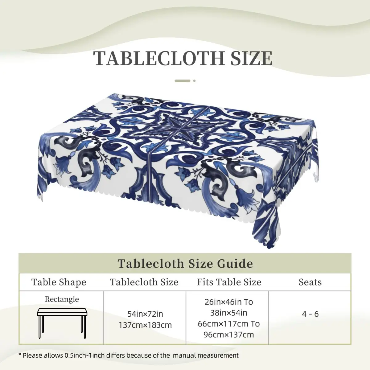 

Blue Ornate Floral Mediterranean Sicilian Tile Rectangular Tablecloth Waterproof Table Cover for Dining Events Table Cloth