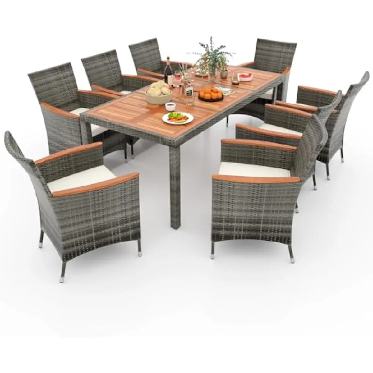 9-Piece Modern Outdoor Dining Ensemble Featuring Fade-Resistant Acacia Table Top with Steel Frame Support and Weatherproof Grey-