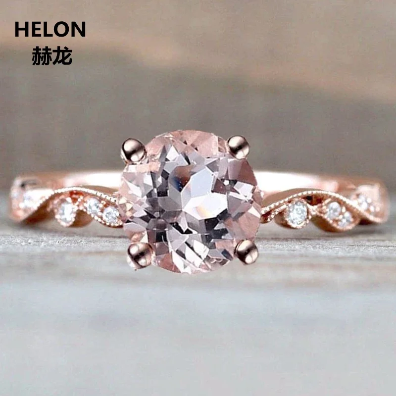 Solid 14k Rose Gold Natural Diamonds Engagement Ring 6mm Round Natural Morganite Wedding Ring Vintage Millgrain