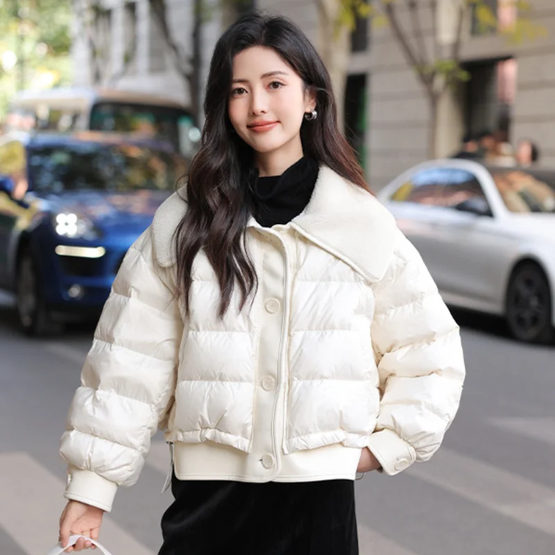 Down Jacket with Lamb Hair Lapel for Women, Casual Puffer Coats, Short Jackets, Patchwork Outerwear, Winter Fashion, New, 2024