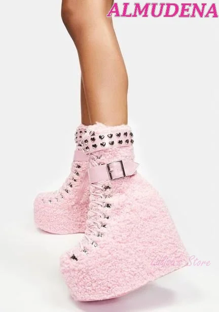 Women Pink Lamb Velvet Platform Wedge Heeled Boots Lace up Lolita Dress Ankle Boots Round Toe Buckled Sweet Cute Designer Shoes