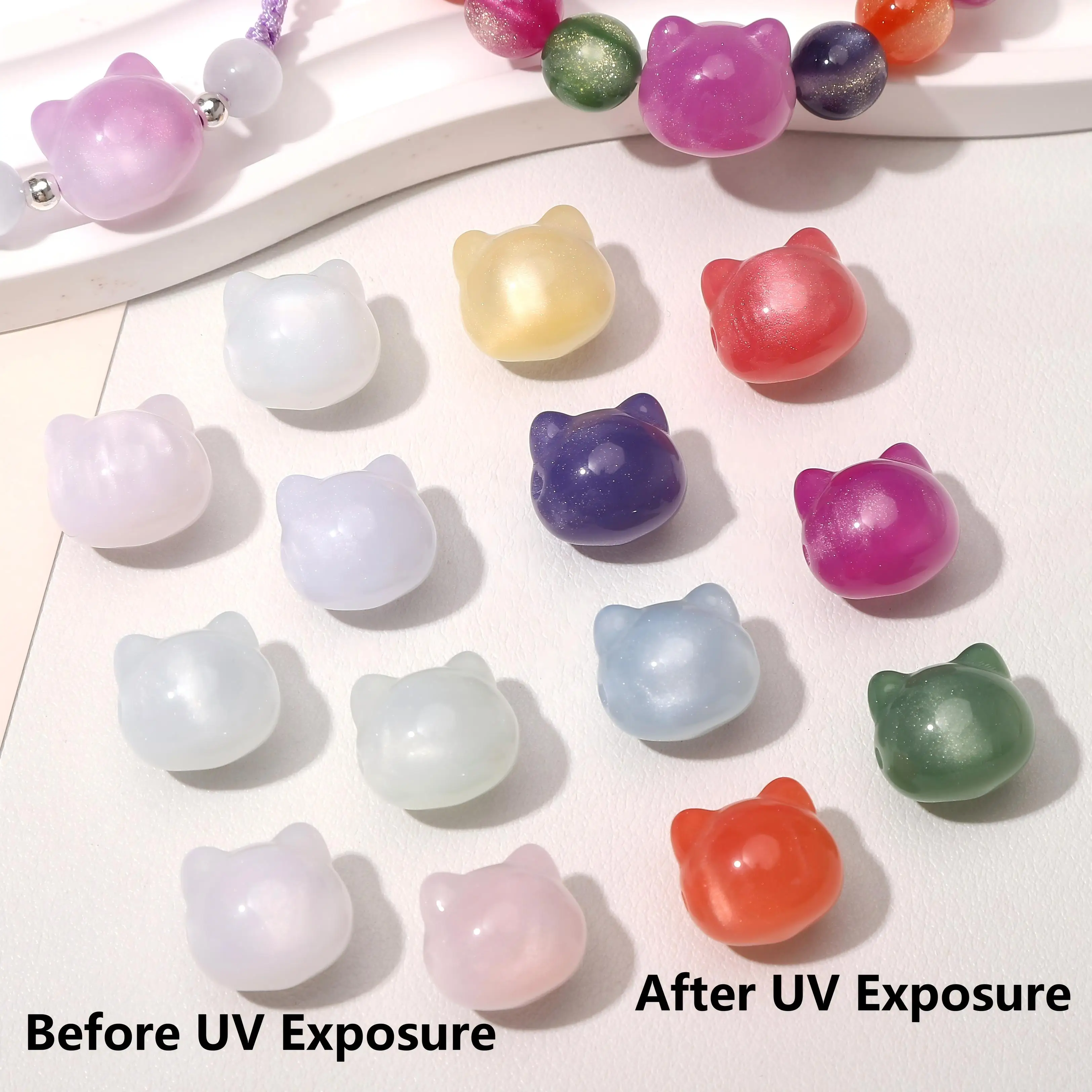 7 Stück UV-Licht-empfindliche, farbwechselnde Harzperlen in Form von niedlichen Katzenköpfen für DIY-Armbänder, Halsketten, Anhänger und Schmuckherstellung – Detail 2