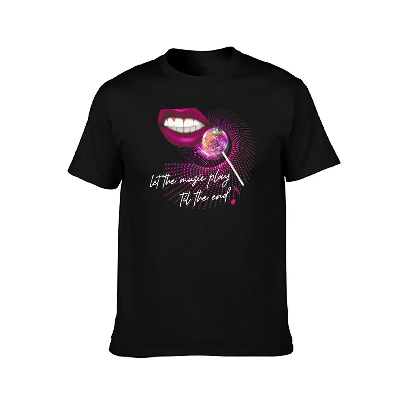 Let The Music Play Til The End Pink Lips Mirrorball Lollipop Microphone Music Note Trustfall T-Shirt