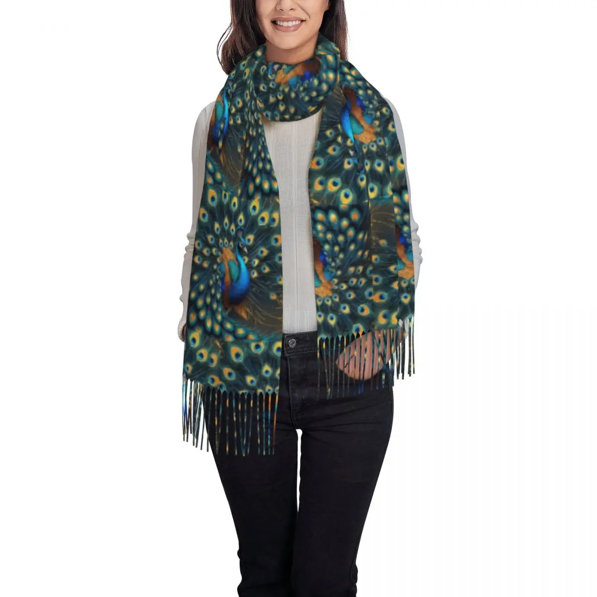 Beautiful Peacock Feathers Scarf Tassel Scarves Women Soft Warm Shawls and Wraps Large Fall Winter Shawl Wrap