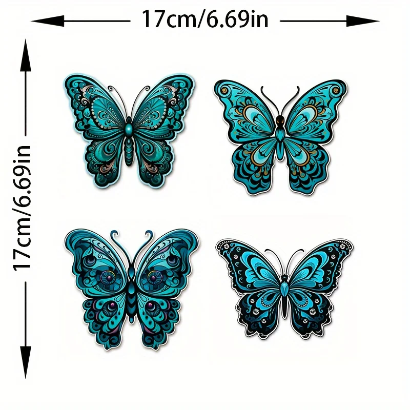 4 Pcs Set Cyan Mandala Butterfly Sticker, Waterproof Vinyl Decals for Car Window, Bumper and Laptop Decoration view 2