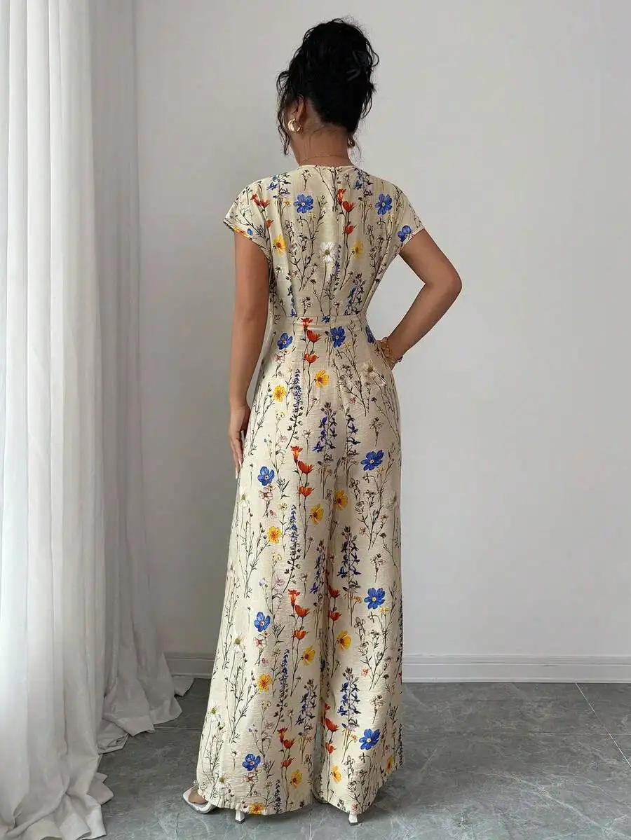 Cream Floral Print V-Neck Flowy Wide Leg Jumpsuit For Women Summer Boho Casual Vacation Outfit