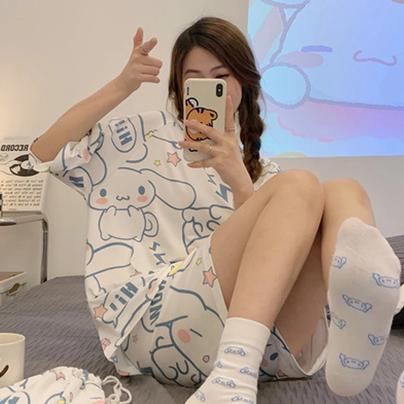 Kawaii Sanrio Anime Cinnamoroll Kuromi Pajamas Summer Simple Fashion Delicate Cute Casual Loose Comfortable Soft Girly Set Gift