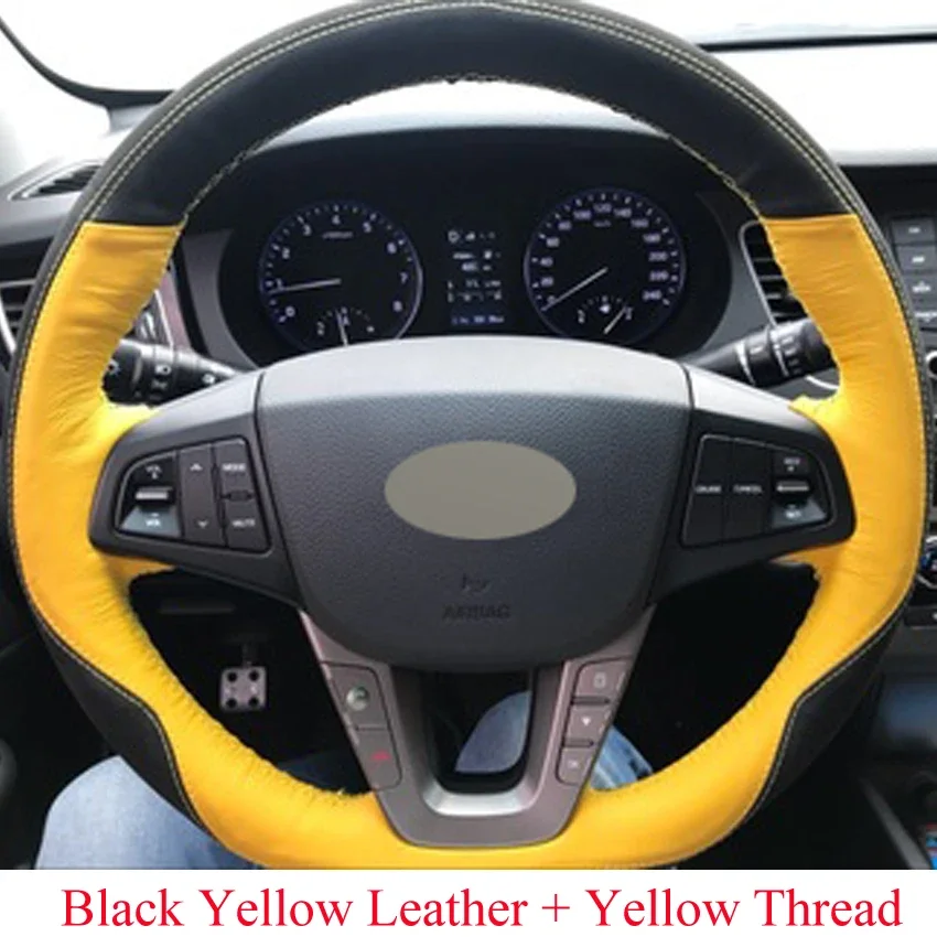 Black Leather Hand-stitched Car Steering Wheel Cover for Hyundai Mistra 2013 2014