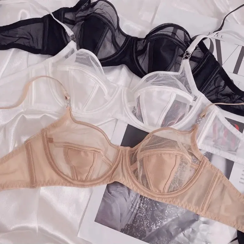MOYISU Pure Perspective French Ultra-thin Bra Big Chest Small Not Empty Cup Half Cup Bra Sexy Lace Underwear Women Anti-sag Set