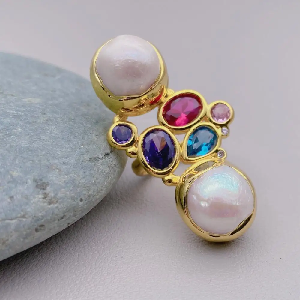 YYGEM 12mm Cultured White Pearl Multi Color Crystal Finger Rings Adjustable Designer Gold Plated Wedding Jewelry