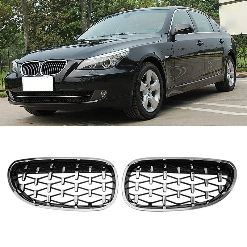 For BMW E60 E61 550i 535i Diamond Grilles Car Front Bumper Grille Kidney Racing Grill 2004-2009 Grille Black Frame Silver Grills