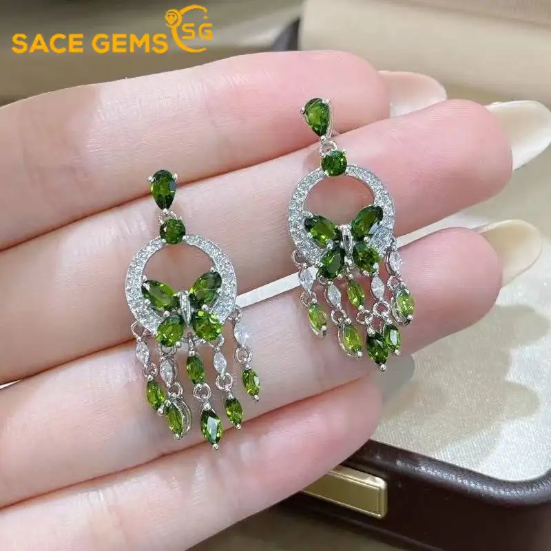 

SACEGEMS Fashion Drop Earrings for Women 925Sterling Silver 3*5MM Natural Diopside Stud Earrings Wedding Party Fine Jewelry Gift