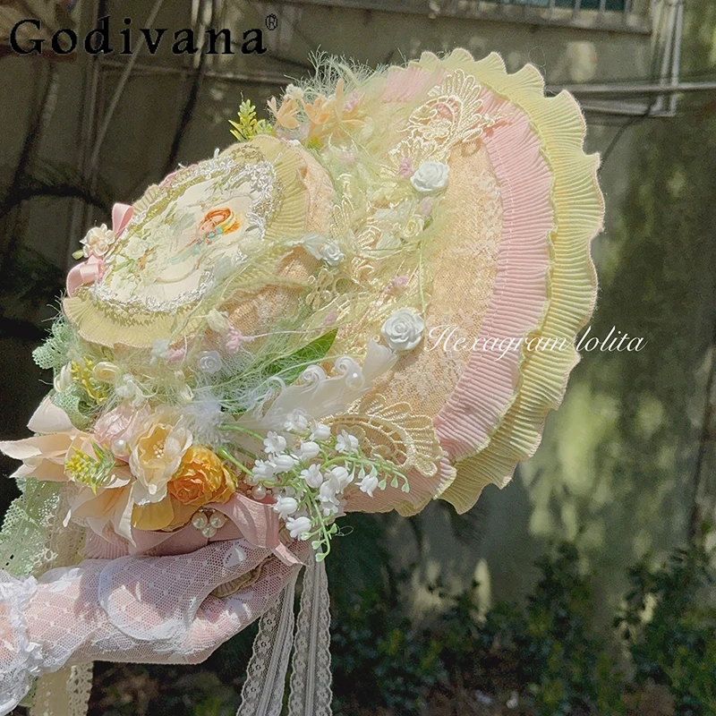 Fiore Lolita Cla Serie Cappello francese per donna Pastorale Mori Girl Cappello da sole in paglia Stile giapponese femminile Bnt Cappelli Lolita floreali