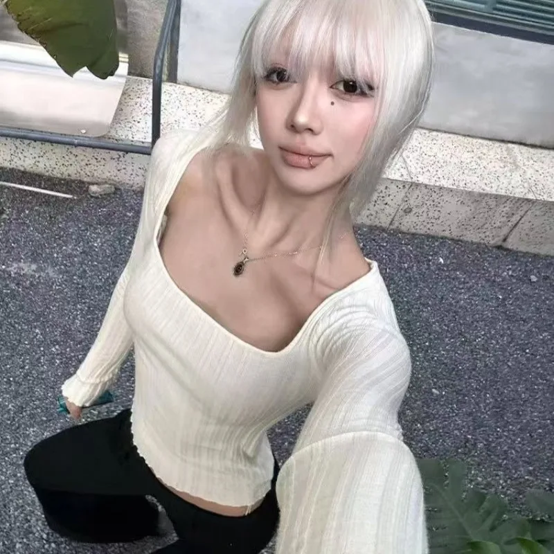 

American Retro Square Collar Long Sleeve T-shirts Street Harajuku Hottie White Sweater Tees Women's Slim All Match Popular Tops