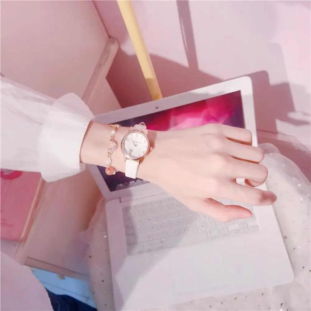 Fashion Quartz Clock Watch Bracelet Set Leather Watchband Casual Quartz Watch Cute Cat Ear Bracelet
