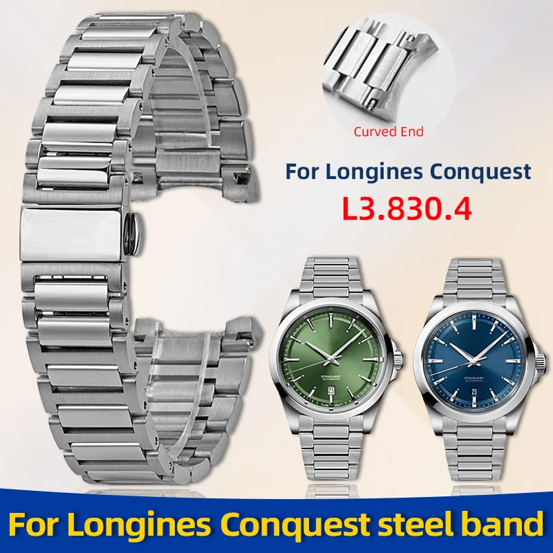 Für Longines Conquest L3.830.4 Edelstahl-Uhrenarmband, Herren-Uhrenarmband aus massivem Metall, 21 mm Armband mit gebogenem Ende für 41 mm Zifferblatt