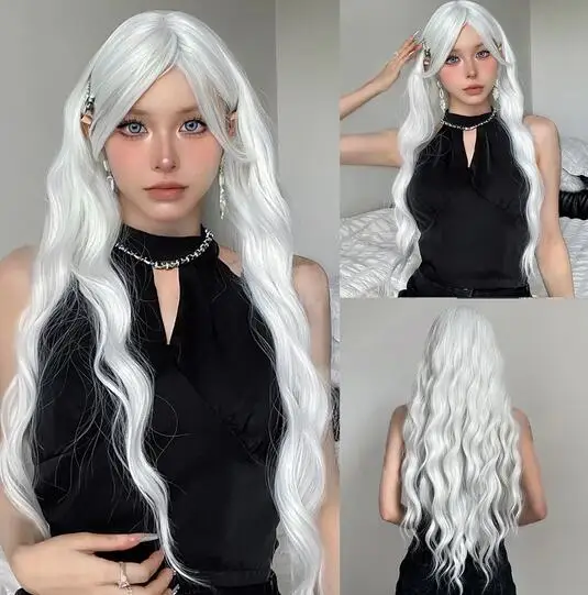 

White Long Water Wave Wig Platinum Synthetic Wigs with Bangs for Women Cospaly Lolita Natural Hair Wig Heat Resisitant Fake Hair