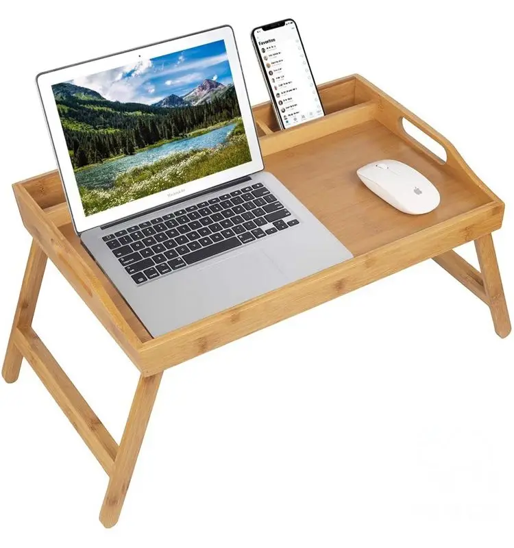 Natural Custom Floating Bamboo Bed Tray Lacquer Finish Multifunction Breakfast Serving Tray Folding Kitchen Bathroom
