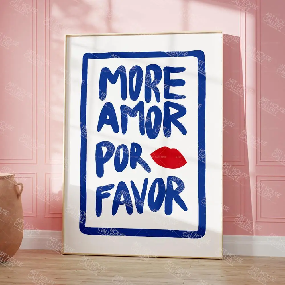 Maximalist More Amor Por Favor Colorful Eclectic Pink Love Quote Wall Art Canvas Painting Poster For Living Room Home Decor