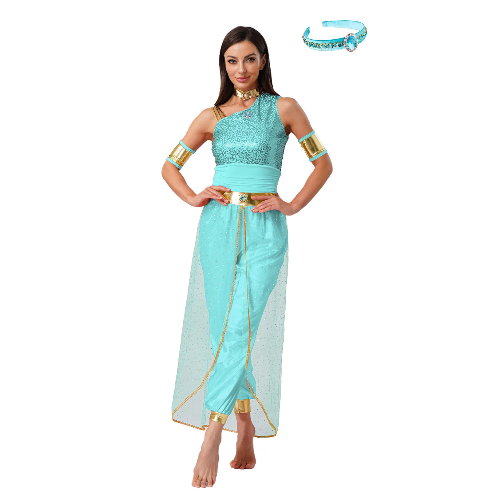 

Women Sequins Arab Indian Princess Cosplay Bodysuits with Headwear And Sleeves Tulle Overlay Rompers for Party Halloween Costume