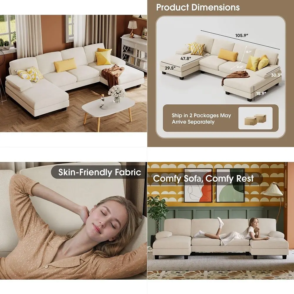 

Sectional Couches for Living Room, UShaped Sofa Couch with Linen Fabric, 4 Seat Sofa Set with Double Chaise for Apartment Cheni