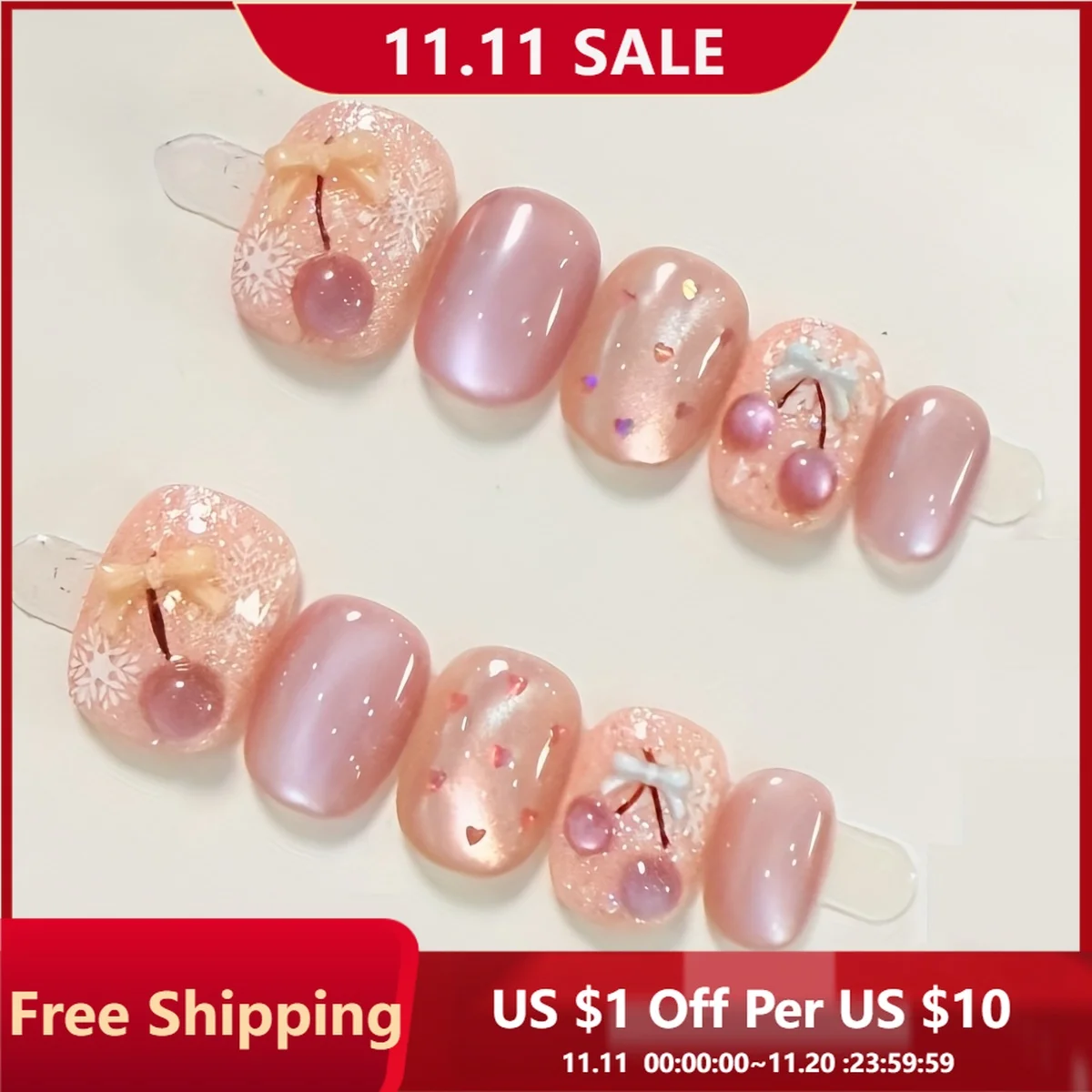

10pcs Handmade Press-on Nail Pink Glitter Cat Eye Cherry Bow Full Coverage Nail Tips for Women&Girl Removable Wearable Nail Art