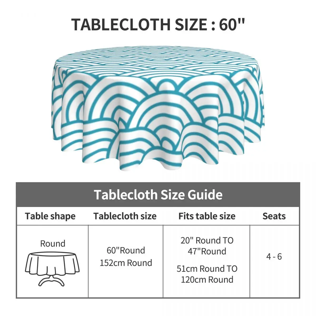 Japanese Seigaiha Waves Design Round Tablecloth Light blue Aqua Turquoise Table Cover For Living Room Dining Outdoor Table Cover