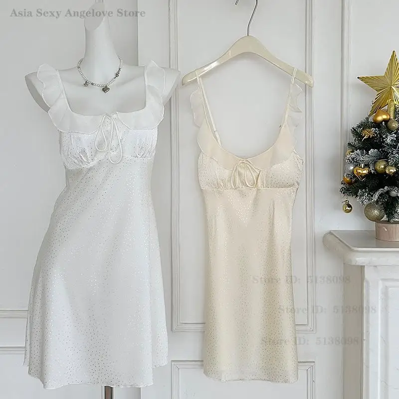 Sexy Spaghetti Strap Nightgown Summer New Ice Silk Sequin Nightdress Intimate Lingerie Chemise Sleepwear Sweet Girl Home Dress