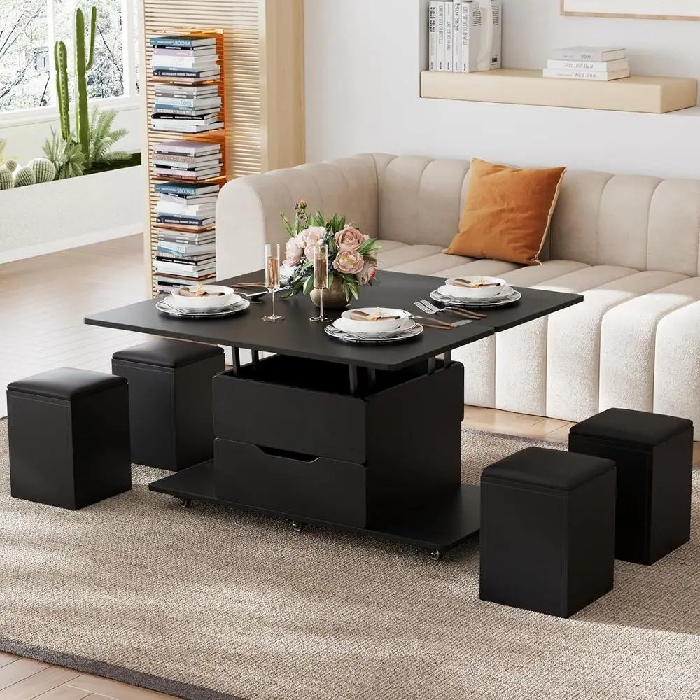 Coffee Table with Stools, Black 3-in-1 Modern Lift-Top Folding Center Table with Hidden Storage, Casters, and Lockable Wheels –