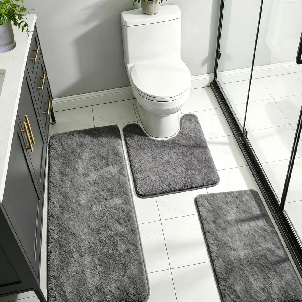 Microfiber Bathroom Rug Set 3 Pcs Absorbent Non Slip Bath Mat Bath Rugs Machine Washable U-Shaped Toilet Rug for Bathroom Shower