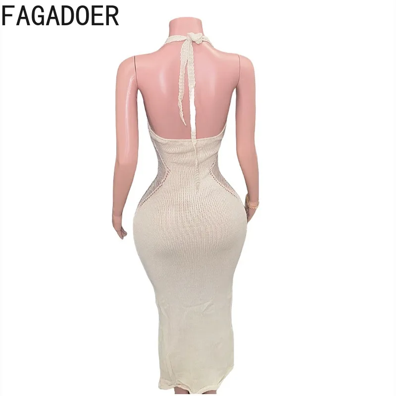 فستان ماكسي مثير منسوج من FAGADOER للنساء بلون سادة ورقبة رسن وخصر عالي فساتين ضيقة عصرية للعطلات