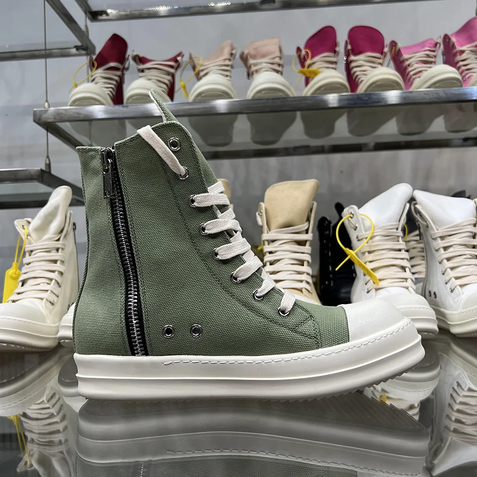 

Brand Men Casual Shoes High Top Quality Women Green Ankle Boots Lace Up Zip Ro Thick Sole Platform Canvas Flat Street Sneakers