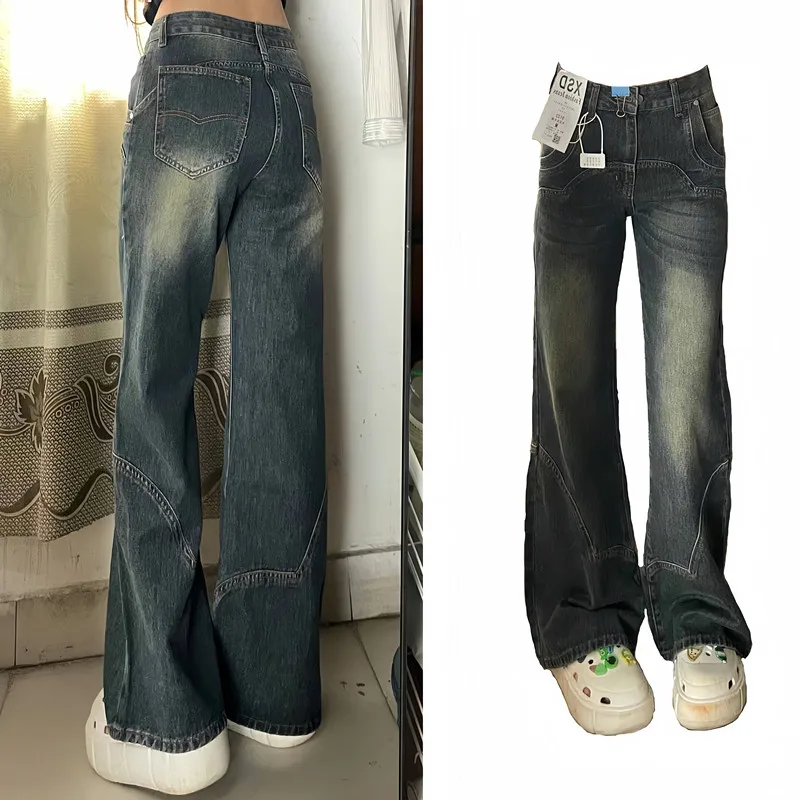 Women\'s Blue Flare Jeans Harajuku Oversize Baggy Denim Trousers Y2k Aesthetic Wide Jean Pants Vintage 2000s Trashy Clothes 2024