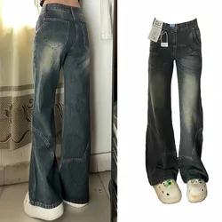 Women's Blue Flare Jeans Harajuku Oversize Baggy Denim Trousers Y2k Aesthetic Wide Jean Pants Vintage 2000s Trashy Clothes 2024