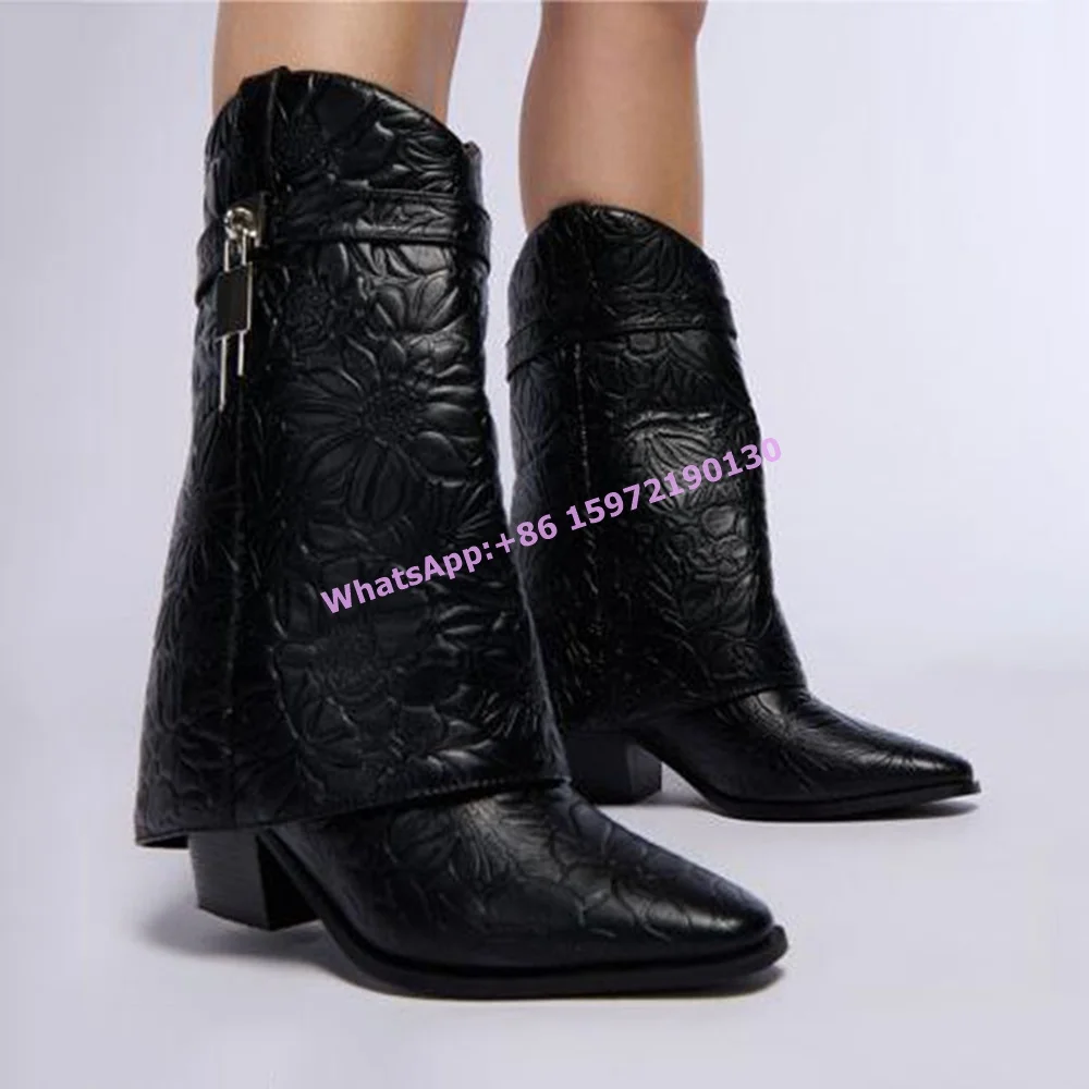 

Metal Lock Knurling Flower Boots Pointy Toe Chunky Heels Slip On Turn Over Edges Mid Calf Boots Black Belt Fashion Sexy Boots