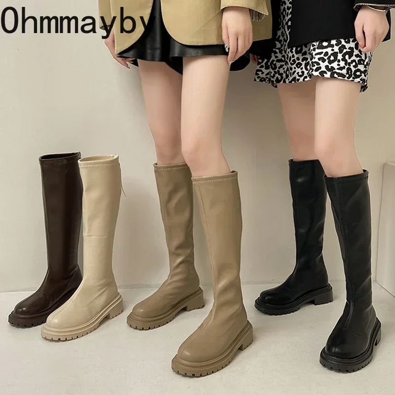 Thigh High Women Boots Fashion Soft Leather Knee High Boots 2024 Female Square Heel Autumn Winter Girl\'s Boots Shoes