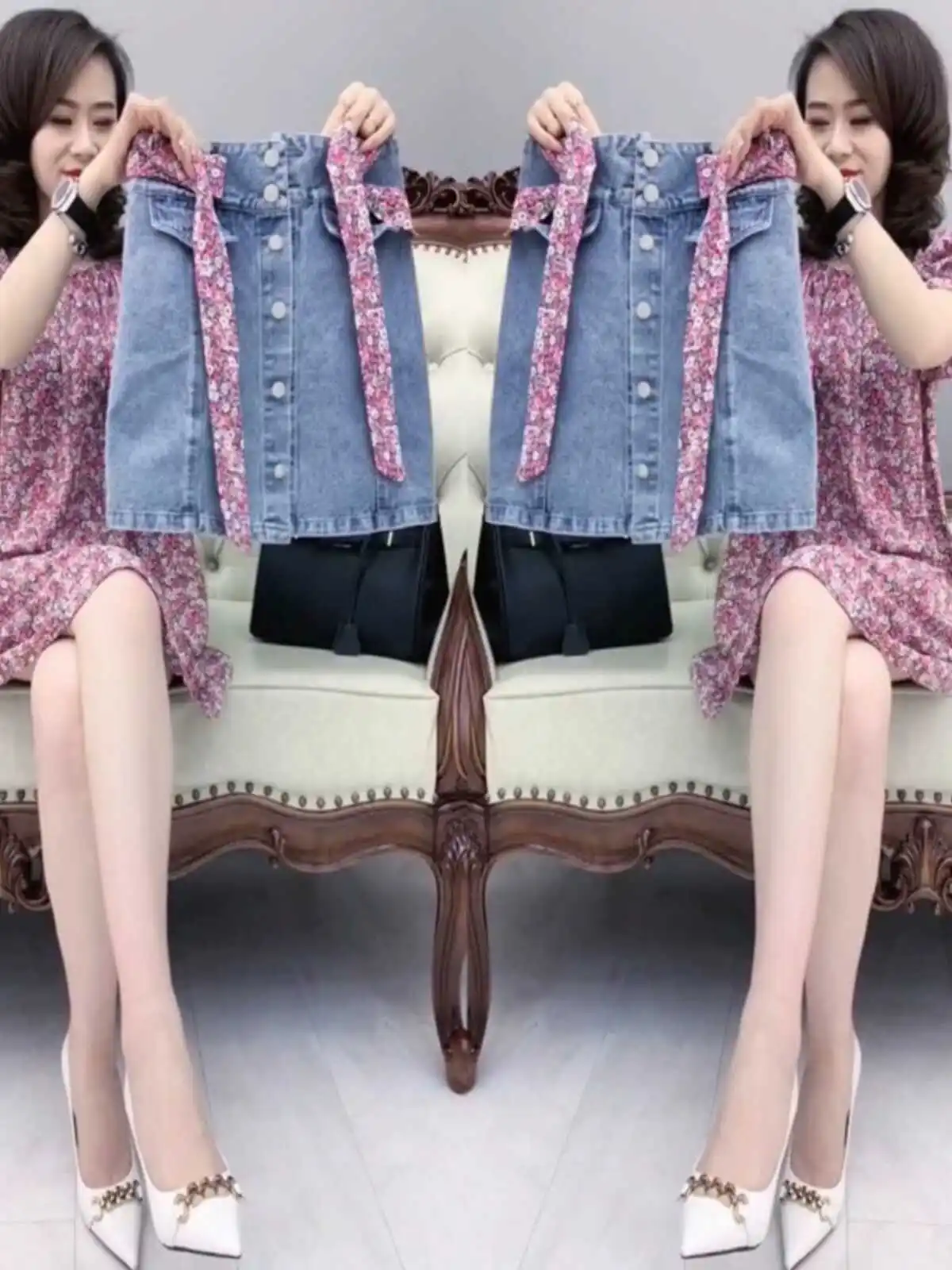 

Floral Print Two-Way Collar Denim Skirt Set Summer 2025 New Women's Fashion Short Sleeve round Neck Dress And Skirt Combo