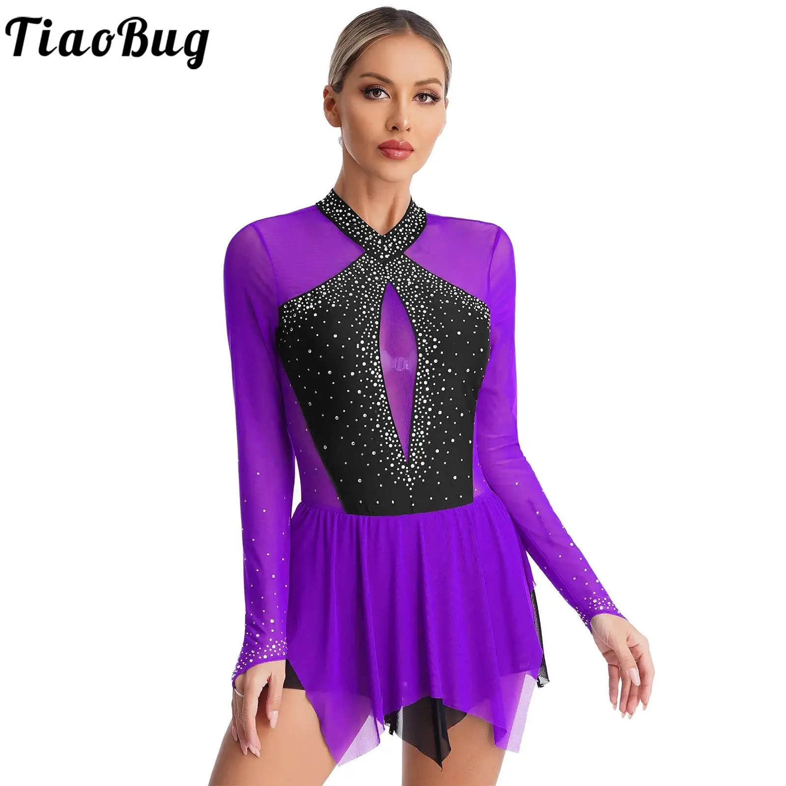 

Womens Gymnastic Leotards Dress Mesh Long Sleeve Rhinestone Figure Skating Dress Mesh Tulle Splice Ballet Dance Costumes