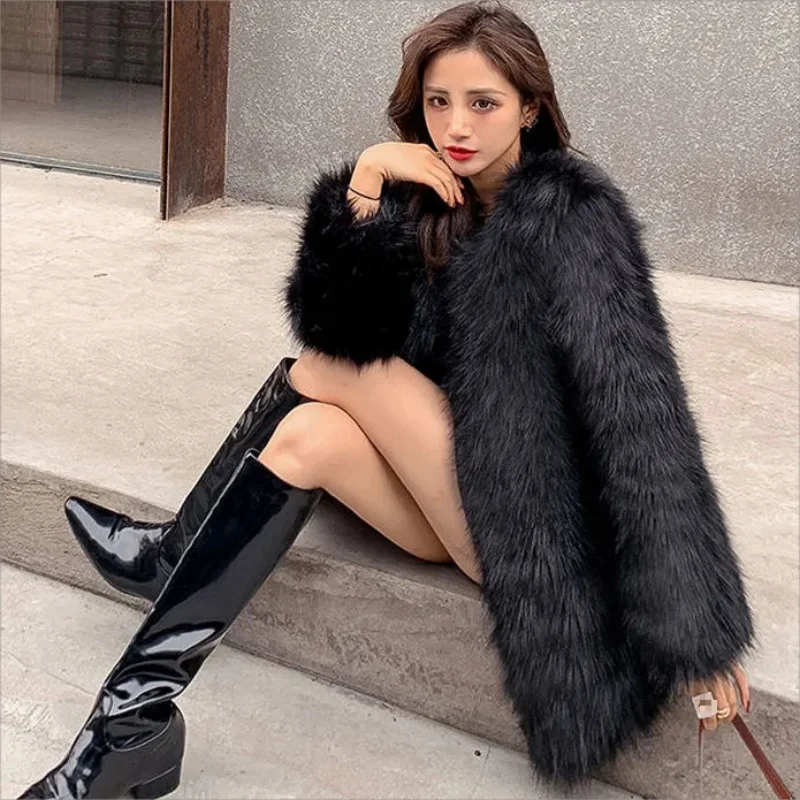 Thickened Autumn Winter Artificial Raccoon Fur Woven Eco-friendly Fur Coat Mid-length Women\'s Fashionable Imitation Fox Fur Coat