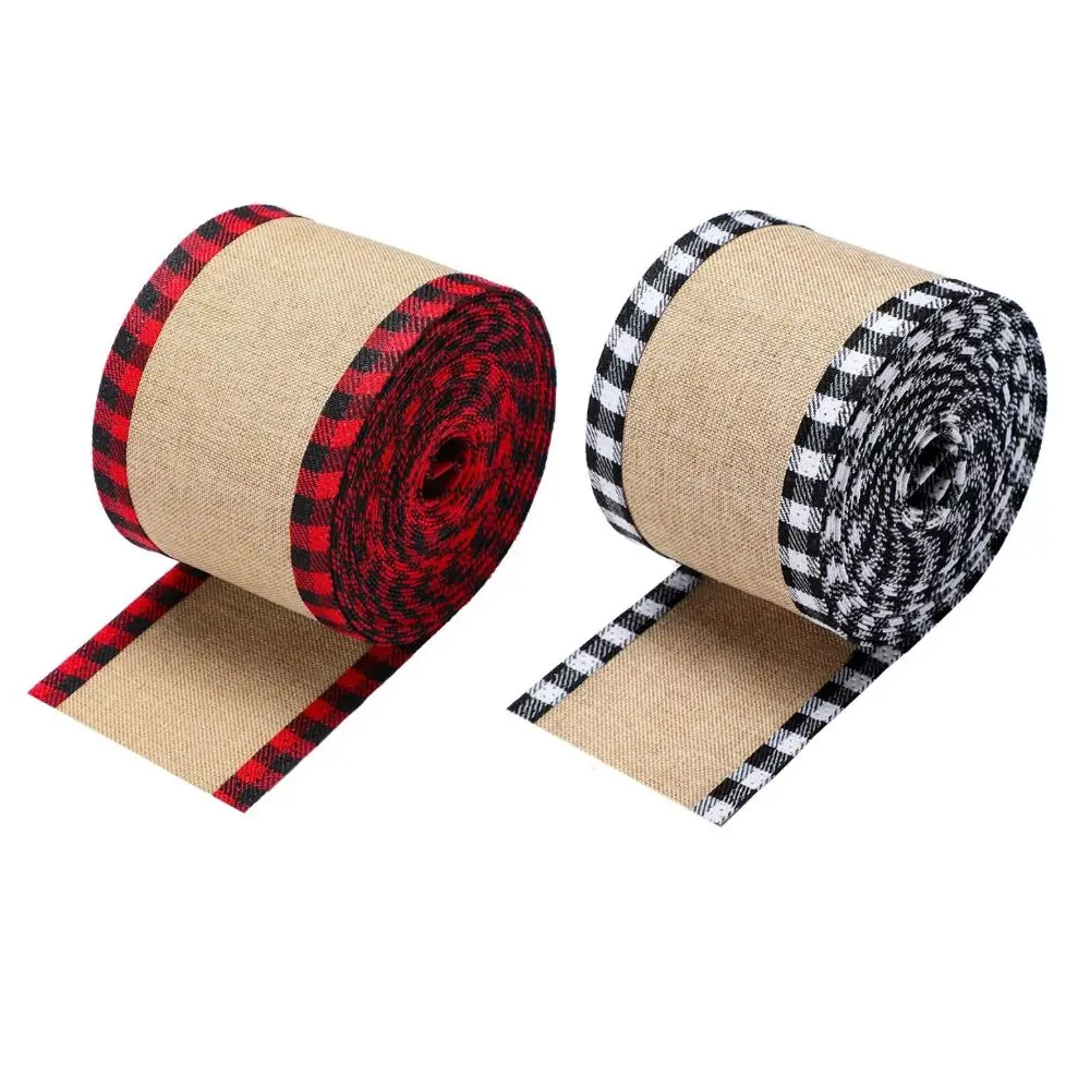 2 Rolls Red Black Christmas Plaid Ribbons Faux Burlap Wired Edge Fabric Craft Ribbon Bows Wrapping Handicraft DIY Ribbon Strips