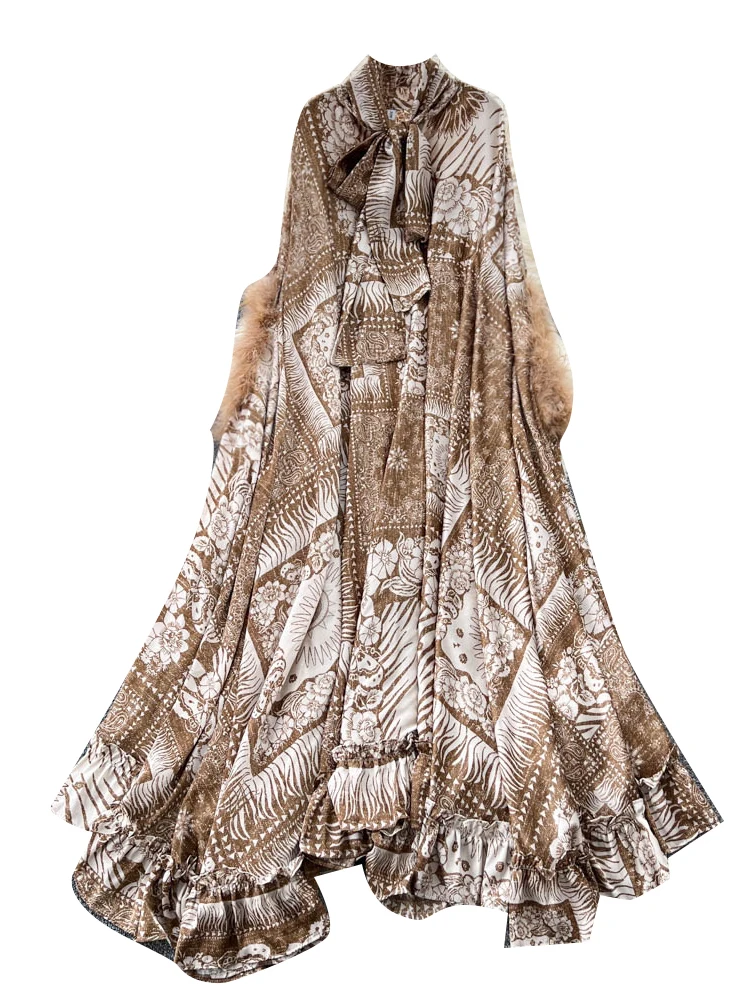 Faionable Large Print Dr Women's Lazy High-End Feeling  Knot Tie Fur Patchwork Cover up Print Long Dr