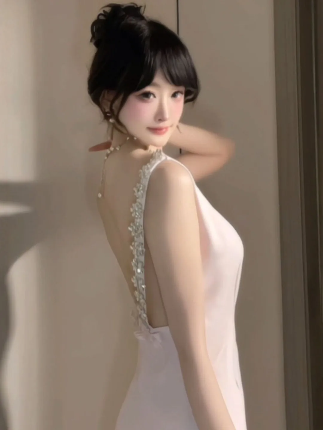 

Elegant Unique Backless Strap Dress High Waist Slim Fit Short Skirt Korean Style Cotton Spring Summer Fashion for Young Women